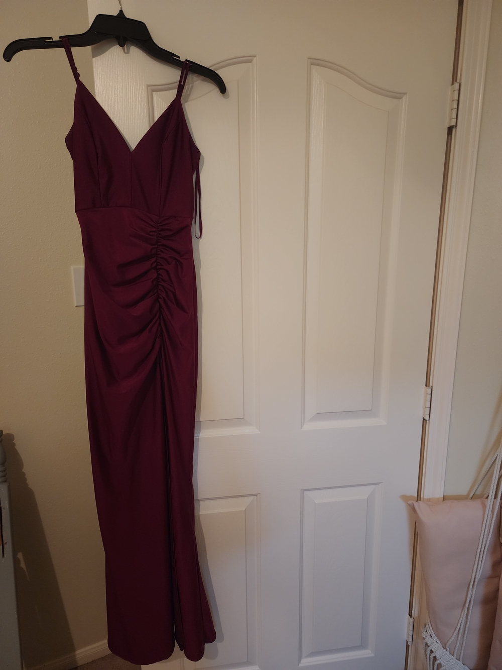 Honey and Rosie Burgundy Ruched V‑Neck Maxi Dress